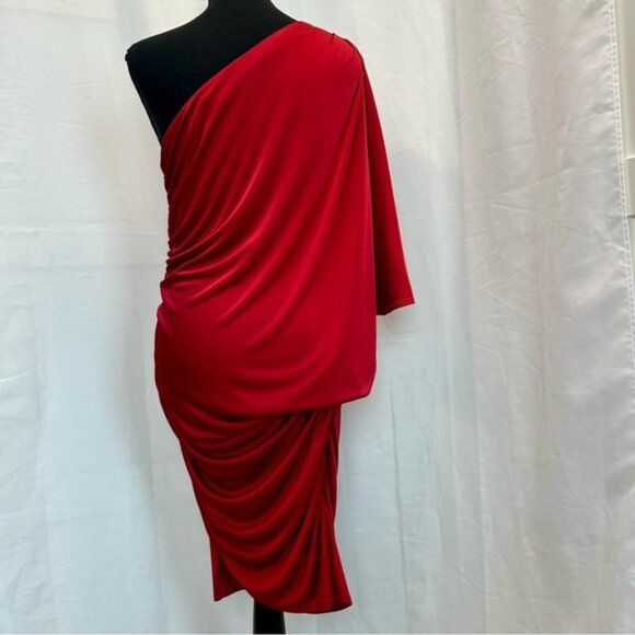 Le Chateau red one shoulder draped ruched web sleeve mini cocktail dress M - Picture 7 of 15